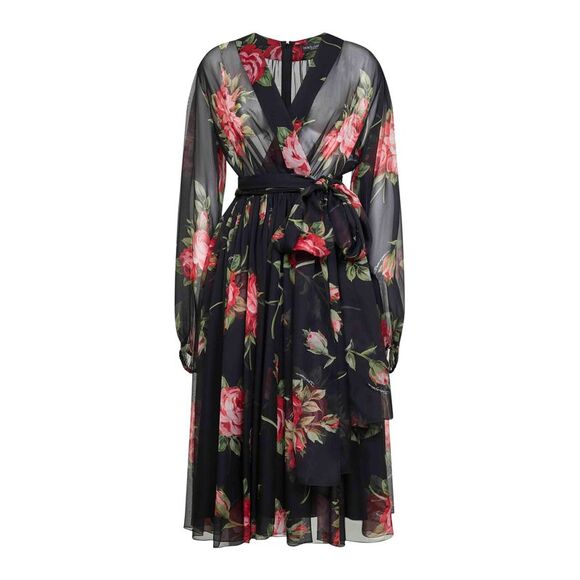 DOLCE & GABBANA Jackets & Blazers - Dolce & Gabbana Women Black Rose Bouquet Printed Chiffon Dress